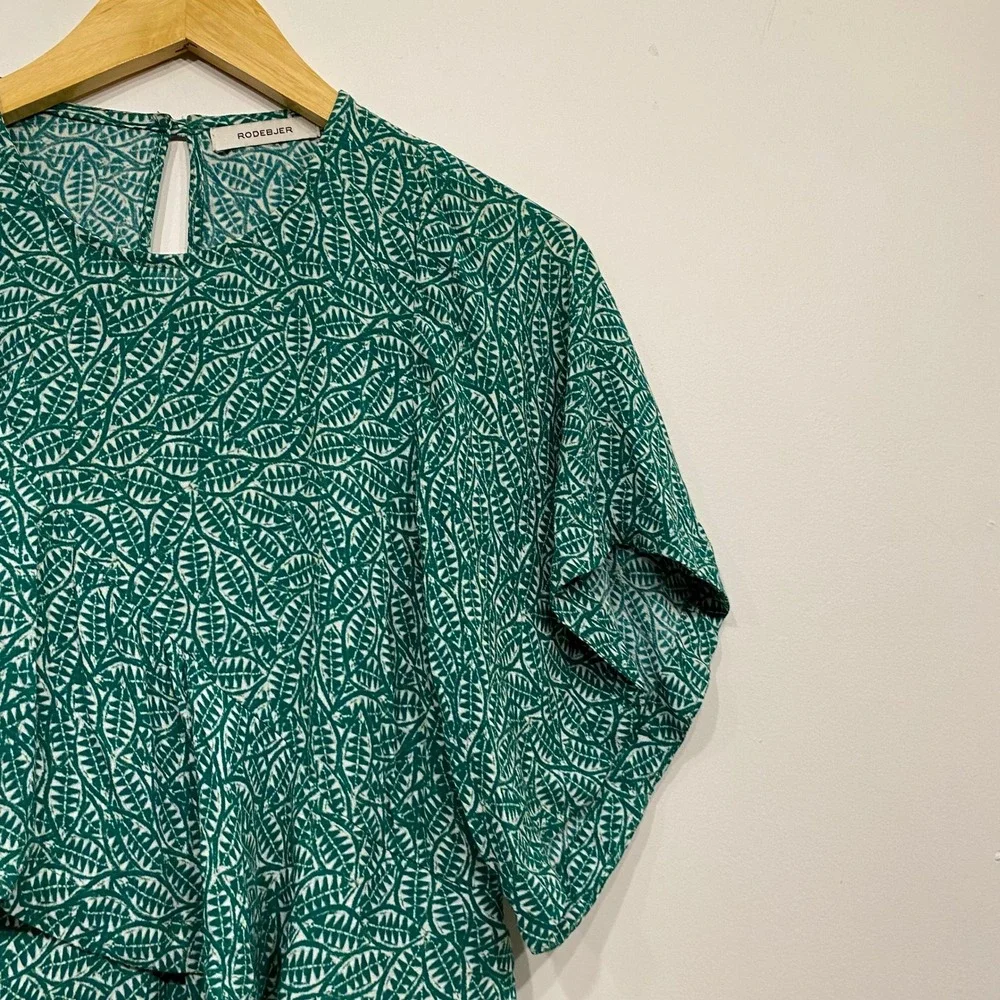 Rodebjer Andrea Green Leaf Print Draped Ruffle Blouse Top Womens XS Viscose
